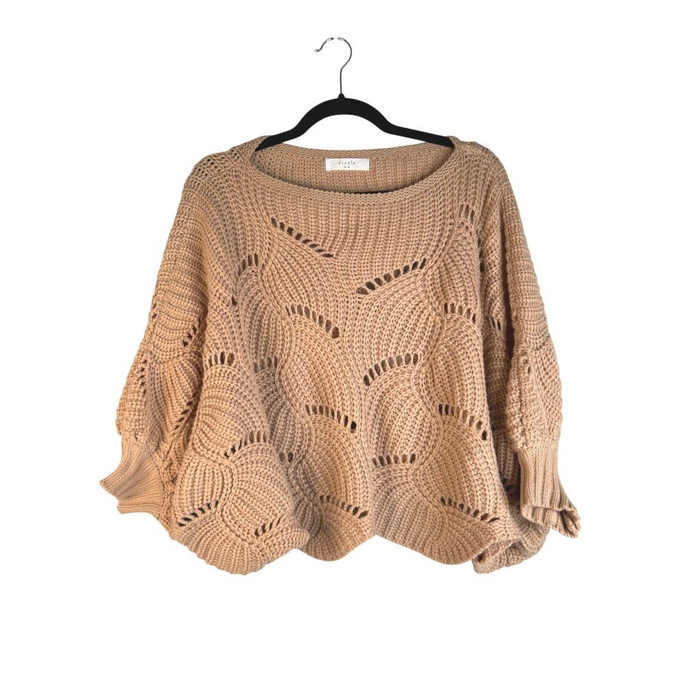 Elodie Women's Tan Pointelle Scallop Batwing Knit Casual Sweater Size Medium